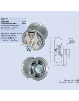 CERCHIO 4'' CON FRENO 4 PISTONCINI - DOPPIO DISCO E CON PERNO - STANDARD